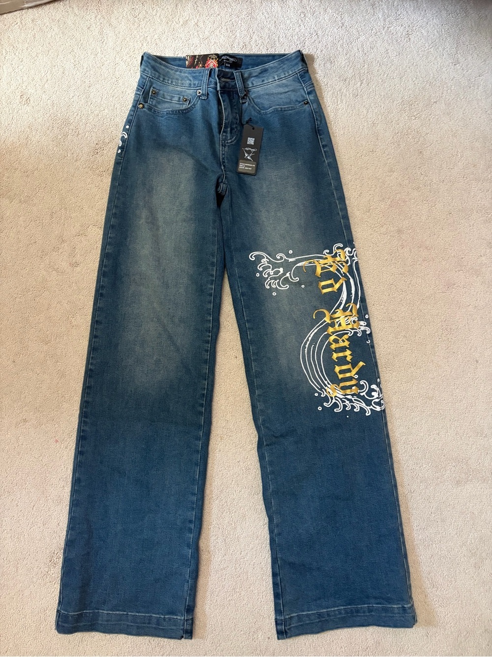 Ed Hardy Blue Wide Leg Jeans with Colorful Mermaid & Devil Embroidery